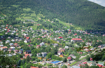 Top view of the village in the mountains. Yaremche, Ukraine.