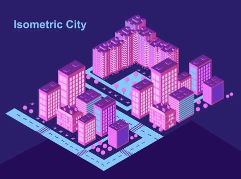 Isometric city vector.Smart town with road , trees,smart city and public park,building 3d,capital , Vector office and metropolis concept. Trending image.  Night city. Neon glow.