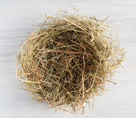 Empty bird nest straw basket closeup raw white brown organic fresh eggs shell with yolk from happy chicken hen free range farm on nature hatch healthy protein food symbol of spring easter festival