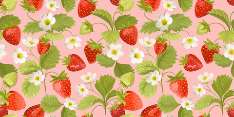 Watercolor Seamless Strawberry pattern with flowers, wild berries, leaves. Vector background texture