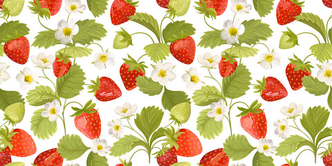 Watercolor Seamless Strawberry pattern with flowers, wild berries, leaves. Vector background texture
