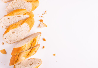 Isolated clipping path white background of organic flour mixed gold brown bread homemade baked italian ciabatta french toast baguette whole wheat rye oat loaf with healthy seed gluten free