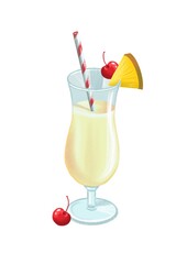 illustration of summer bright pina colada cocktail with cherry and pineapple decor