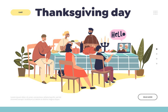 Thanksgiving day concept of landing page with family call online grandparents at thanksgiving dinner