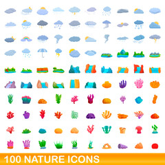 100 nature icons set. Cartoon illustration of 100 nature icons vector set isolated on white background