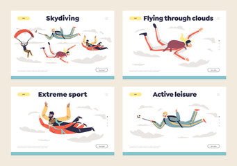 People skydiving with parachutes template landing pages set. Parachutists diving in sky