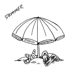 Summer monochrome illustration, hand drawn sketch of beach umbrella with flip-flops and sea star. Summer sketched art isolated on white.