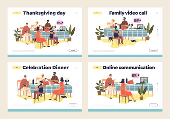 Online calls and thanksgiving holiday dinner celebration concept of set of template landing pages
