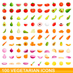100 vegetarian icons set. Cartoon illustration of 100 vegetarian icons vector set isolated on white background