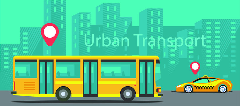 City transport against the backdrop of urban buildings. Bus. Vector image.
