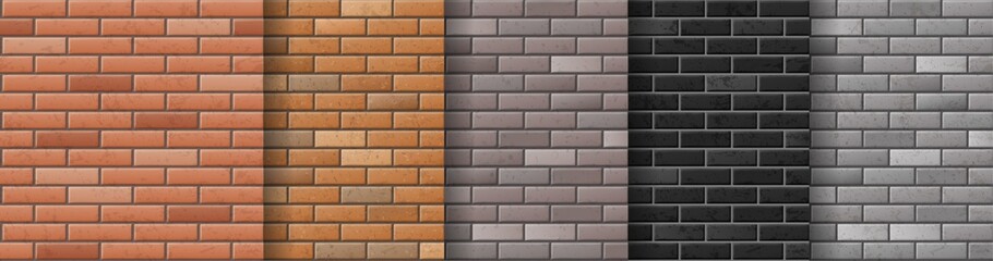 Brick wall seamless patterns set. Brick background textures gray, black orange, red, brown colors