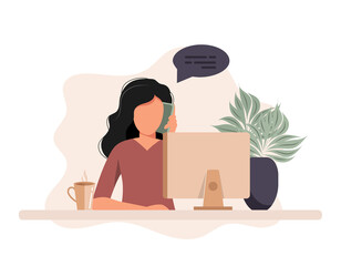 Fototapeta na wymiar Secretary woman sitting at a desk responding to a call. Vector illustration in flat style