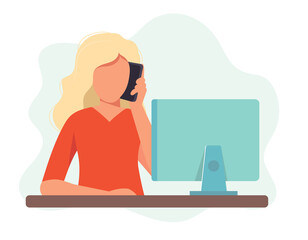 Fototapeta na wymiar Secretary woman sitting at a desk responding to a call. Vector illustration in flat style