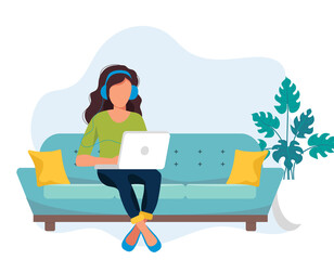 Home office concept, woman working from home, student or freelancer. Vector illustration in flat style