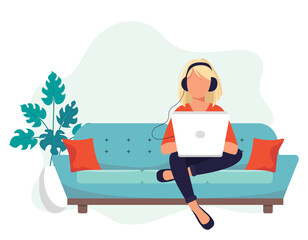 Home office concept, woman working from home, student or freelancer. Vector illustration in flat style