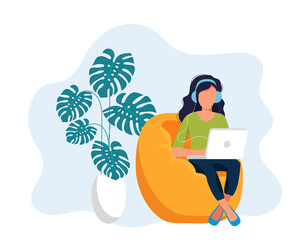 Home office concept, woman working from home, student or freelancer. Vector illustration in flat style