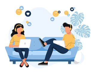 Social network. People using lap top for social networking. Chatting. Creative flat design for web banner, marketing material, business presentation, online advertising. Flat vector illustration