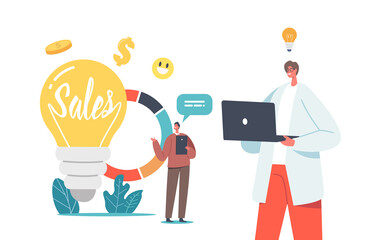 Sales Strategies and Business Idea Concept with Tiny Businessmen Characters with Gadgets at Huge Light Bulb and Chart