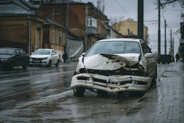Fototapeta na wymiar Auto accident on the street. A car damaged after a severe accident stands on a city street. Accident insurance concept.