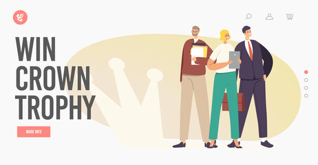 Successful Business Team Landing Page Template. Characters Posing with Documents and Crown Shadow on Wall, Teamwork