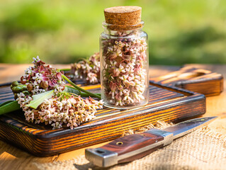 Virginia silkweed Collected flowers in transparent bottle with a cortical cork. And fresh inflorescences butterfly flower, silkweed, silky swallow-wort, Asclepias in wooden dish on table.