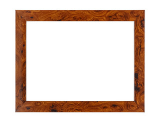 Empty wooden photo frame with tree root texture border isolated on white background