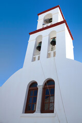 White belfry in the orthodoxal church of Chora, the capital of Ios island, Cyclades, Greece