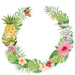 Exotic flowers, plumeria, hibiscus  with tropical leaves watercolor painting frame isolated on white background. Hawaiian party invitation. Green leaf  border frame.
