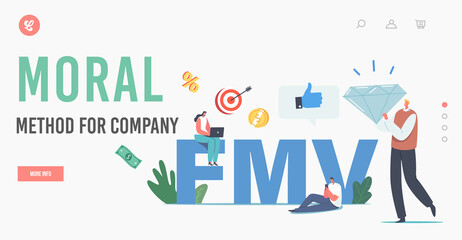 Moral Method for Company Landing Page Template. Fair Value Market. Tiny Business People Characters with Brilliant