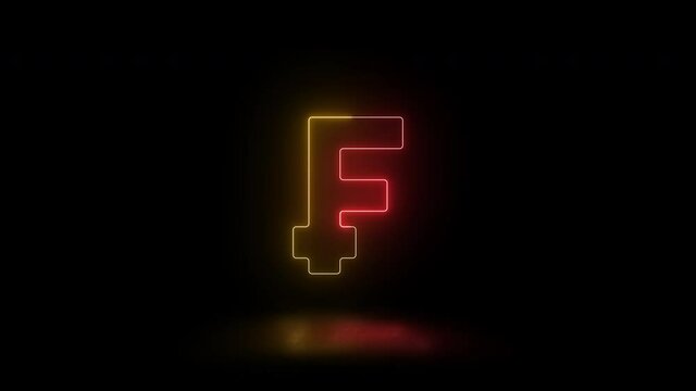 Thin line neon symbol of swiss currency Franc on a dark brick wall background. Simple business motion graphic animated element