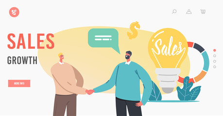 Fototapeta na wymiar Sales Growth Landing Page Template. Tiny Businessmen Characters Shaking Hands at Huge Bulb and Pie Chart with Statistics