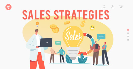 Sales Strategies Landing Page Template. Tiny Businessmen and Businesswomen Characters at Huge Light Bulb and Pie Chart
