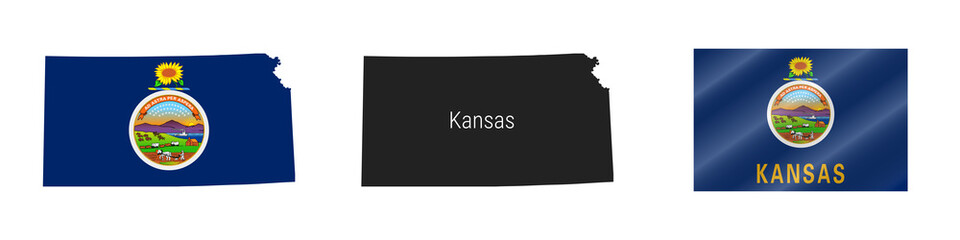 Kansas US state detailed flag map. Detailed silhouette. Waving flag. Vector illustration