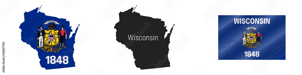 Wall mural Wisconsin US state detailed flag map. Detailed silhouette. Waving flag. Vector illustration