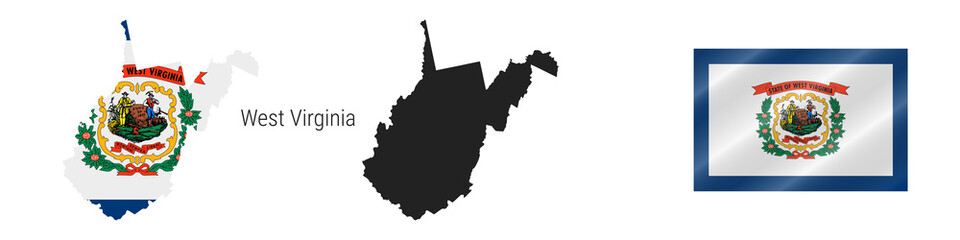 West Virginia US state detailed flag map. Detailed silhouette. Waving flag. Vector illustration