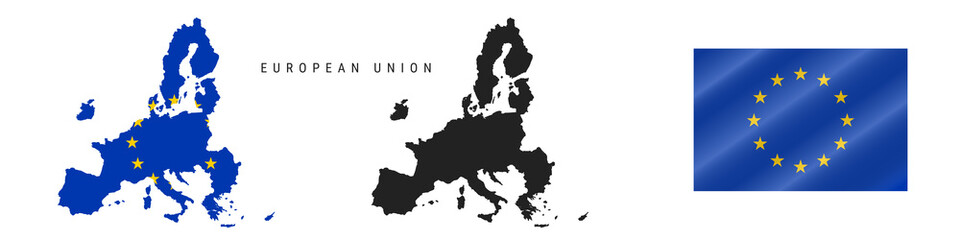 European Union detailed flag map. Detailed silhouette. Waving flag. Vector illustration