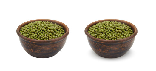 mung beans in clay bowl on white background, isolated and with shadow