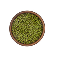 mung beans in clay bowl isolated on white background, top view