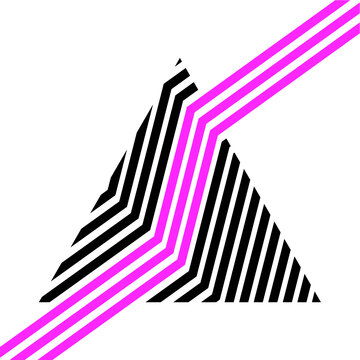 Abstract black striped triangle with diagonal magenta parallel lines, minimalist geometric vector illustration for branding, corporate identity, advertising, presentations and modern graphic design