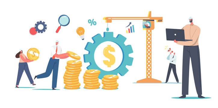 Value Engineering Concept. Engineers Characters in Hard Hats Working Collect Gold Coins in Stacks, Tower Crane Pull Gear