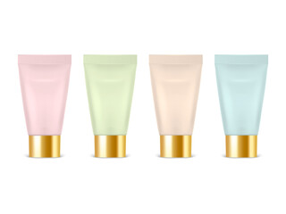 Vector 3d Realistic Plastic, Metal Pink, Green, Beige, Blue Tooth Paste, Cream Tube, Packing Set Isolated. Design Template of Toothpaste, Cosmetics, Cream, Tooth Paste for Mockup. Front View