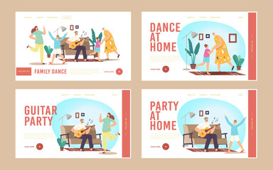 Family Party Landing Page Template Set. Parents and Kids Dance, Father Play Guitar, Mother with Granny Dancing