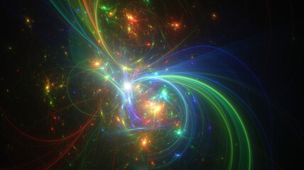 Abstract background, smooth multicolored lines on a black background.