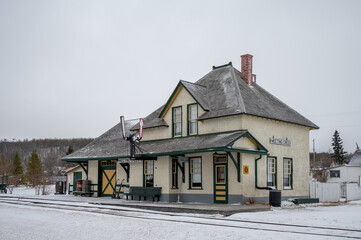 Meeting Creek, Alberta - April 11, 2021: Old train station at Meeting Creek, Alberta.