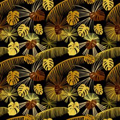 Seamless endless pattern golden tropical monstera and palm tree leaves
