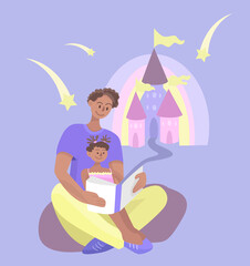 Vector illustration of a black father reading a book to his daughter