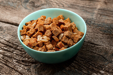 homemade bread snack fried croutons in bowl