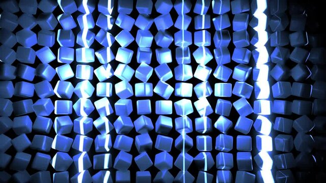4k abstract loop background with cubes lined up in rows on a plane, blue neon lighting of cubes, smooth cyclized animation. Bg for festive show or holiday events, music videos, VJ loop for night clubs