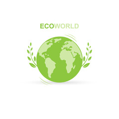 Green earth and leaves. Eco World, save the planet, energy saving concept. Isolated vector logo