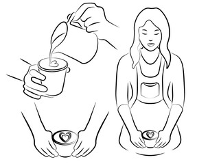 Outline drawing set of barista icon , sketch of human making a coffee, line art cup of coffee, cappuccino, latte art, espresso. Woman hold a mug. Cafe menu background,  cafeteria. Vector illustration.